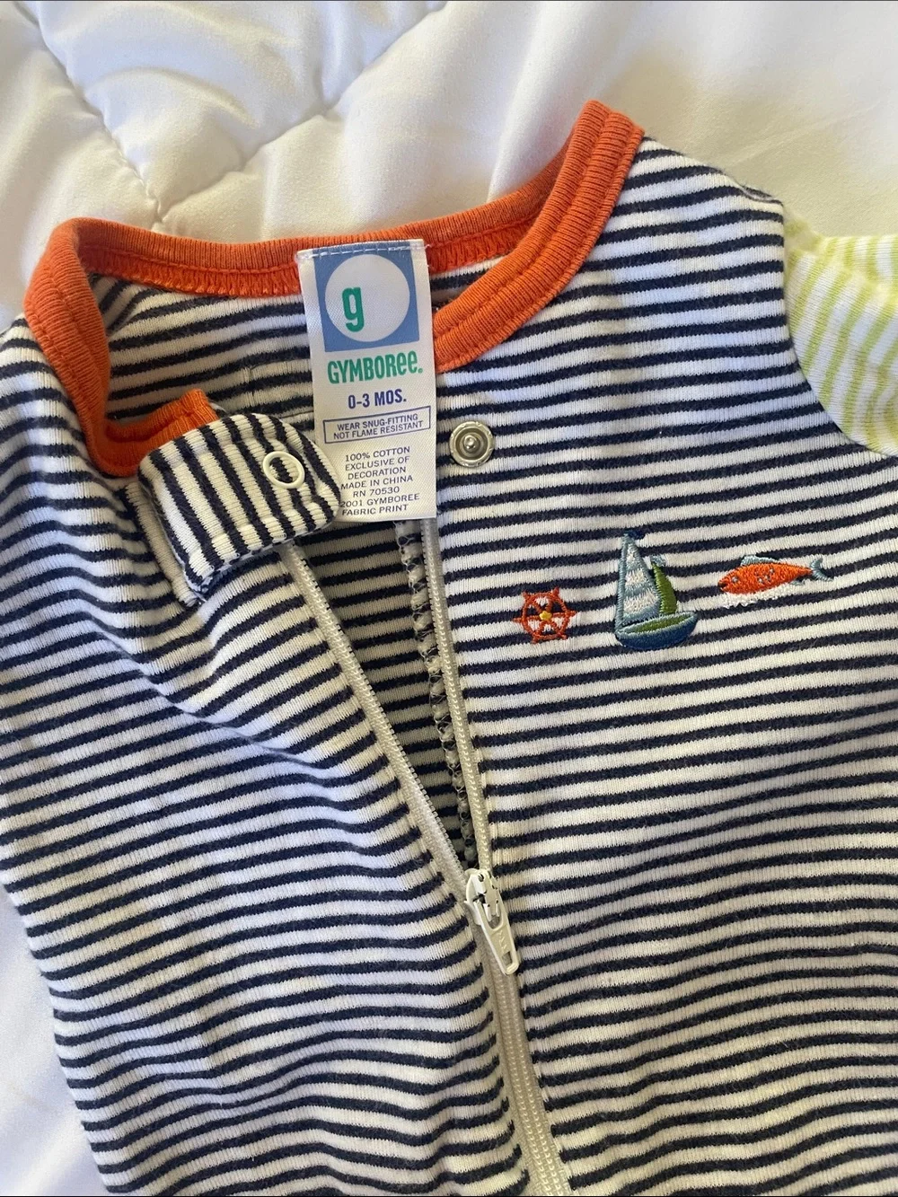 Gymboree Navy & White Striped One-Piece with Yellow Sleeves and Orange Trim